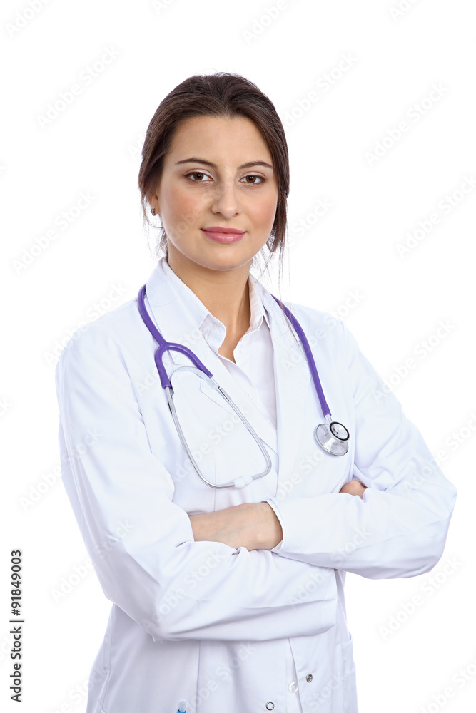 Friendly smiling young female doctor, isolated over white background Friendly smiling young female doctor, isolated over white background