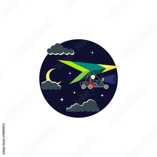 Icon in a flat style: motor glider in the night sky
