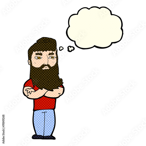 cartoon serious man with beard with thought bubble