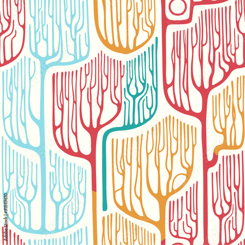 Colorful Seamless Pattern with stylized trees. © FoxyImage