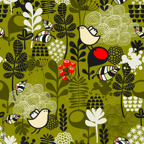 Birds and flowers seamless pattern.
