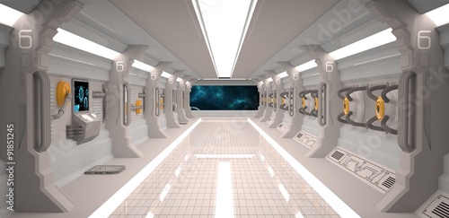 Fototapeta Naklejka Na Ścianę i Meble -  Futuristic design spaceship interior with metal floor and light panels