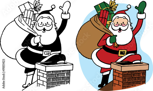 Santa coming down the chimney with a sack of presents.
