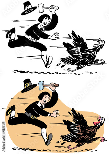Pilgrim chasing a turkey for Thanksgiving dinner.