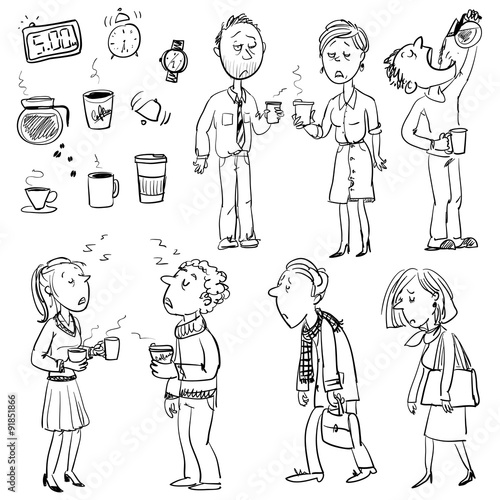 Funny people struggling without coffee
