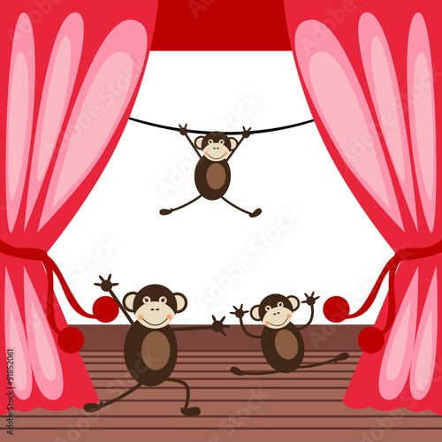Vector illustrated cute monkeys acting on a stage. 
