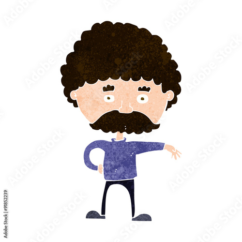 cartoon man with mustache making camp gesture