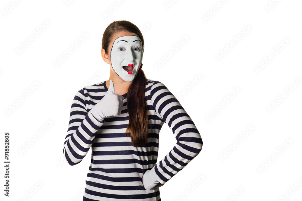 Girl model mime with greasepaint on a white background. isolated Girl model mime with greasepaint on a white background. isolated