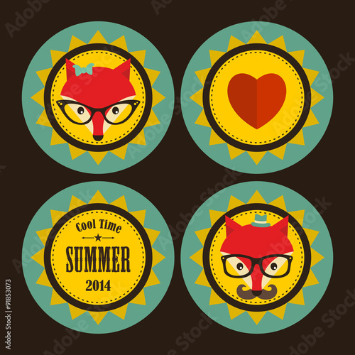 Set of sunny labels with hipster fox and heart.