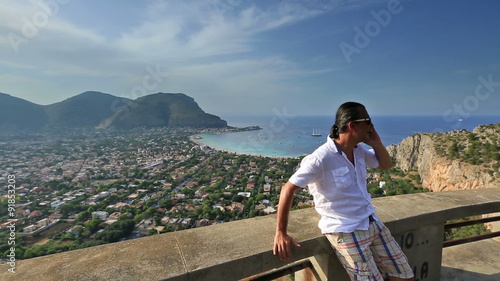 Handsome Man Talking Phone With Beautiful Sicily Panorama