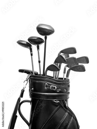 Black leather golf bag isolated on white