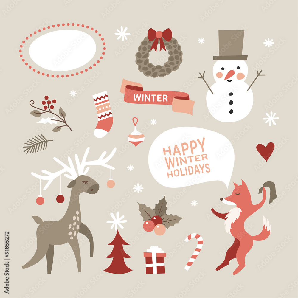 Set of Christmas and New Year Cute Vector Design Elements with Cartoon Characters