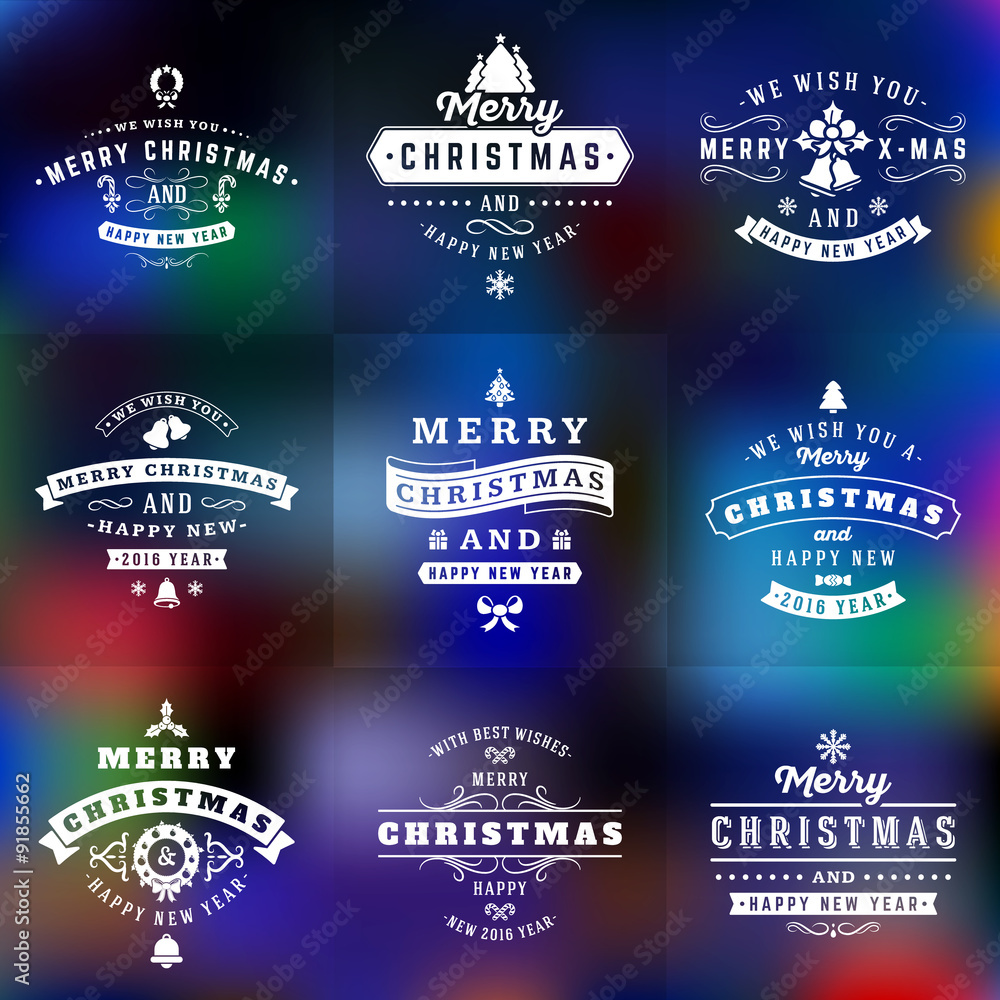 Set of Retro Vintage Typographic Merry Christmas and Happy New Year Badges. Vector Illustration with Colorful Blurred Background