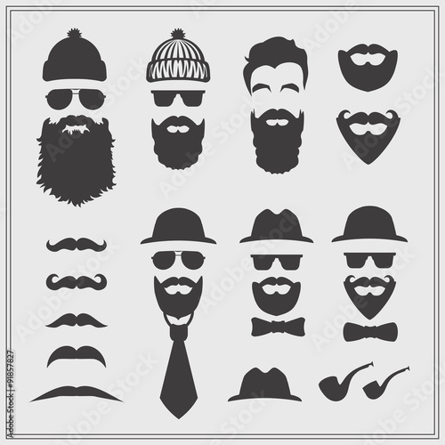 Vector constructor with different hipster glasses, beards, mustaches, ties and bow ties. Hipster design on gray background.