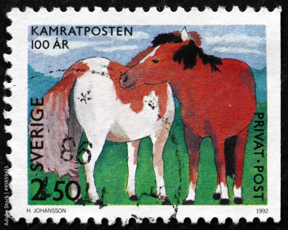 Naklejka premium Postage stamp Sweden 1992 Horses, Children's Drawing