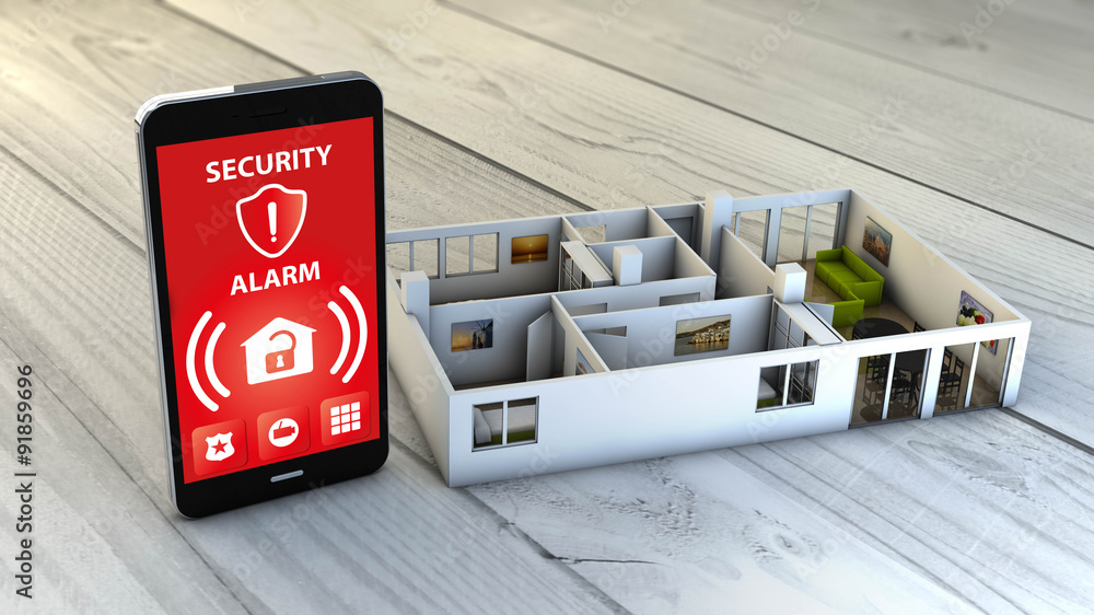 security alarm smartphone with flat mock-up - obrazy, fototapety, plakaty 