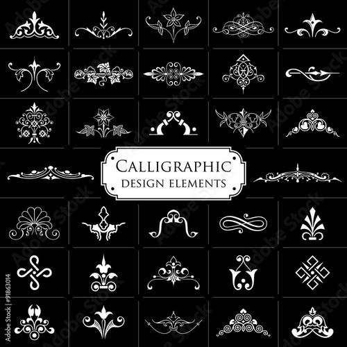 Calligraphic elements on black background - Vector set