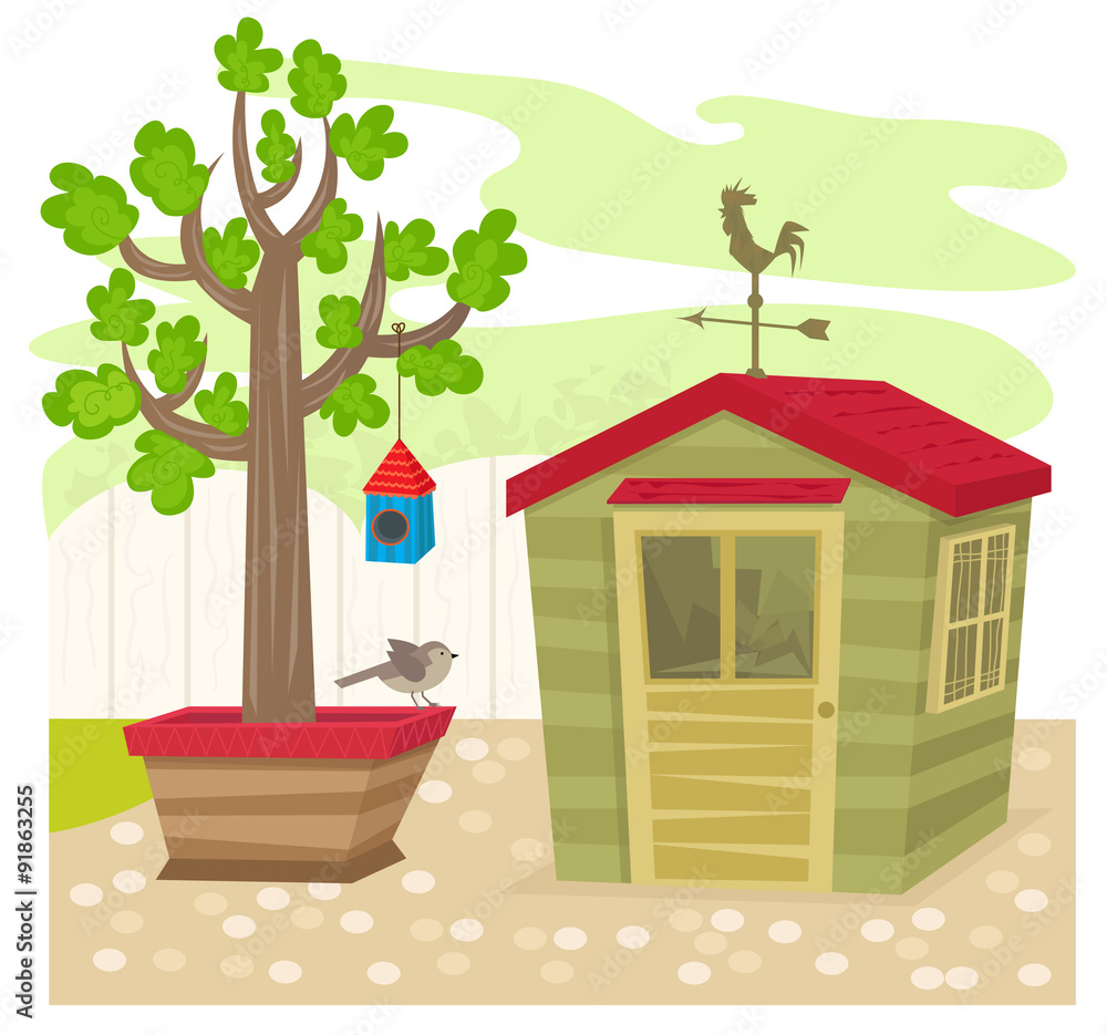 Garden With Shed - Garden shed with a weather vane on top, next to a tree  with birdhouse and a bird. Eps10 Stock Vector | Adobe Stock