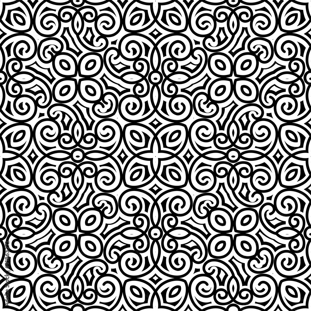 Black and white curly ornament, seamless pattern Black and white curly ornament, seamless pattern