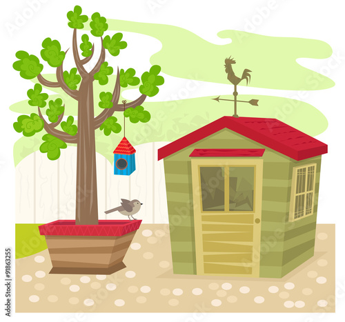 Garden With Shed - Garden shed with a weather vane on top, next to a tree with birdhouse and a bird. Eps10