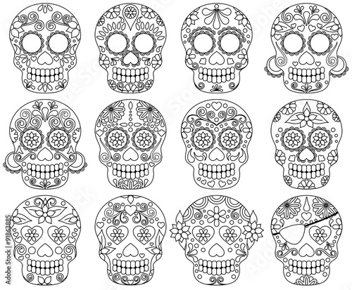 Vector Collection of Day of the Dead Skulls or Sugar Skulls