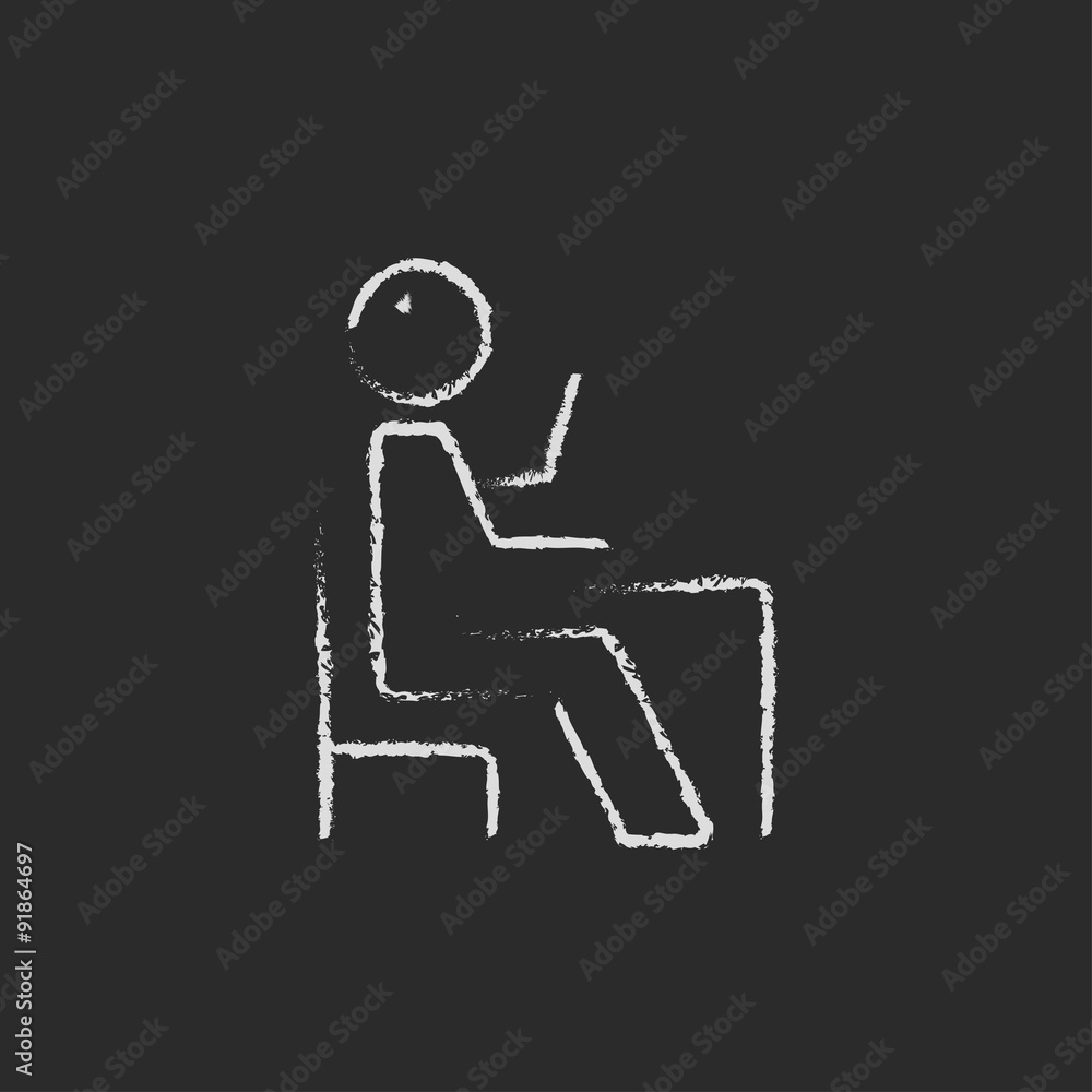 Fototapeta premium Sitting student with raised arm icon drawn in chalk.