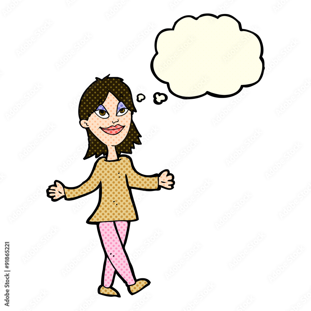 cartoon woman with no worries with thought bubble cartoon woman with no worries with thought bubble