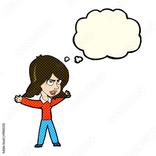 cartoon woman gesturing with thought bubble