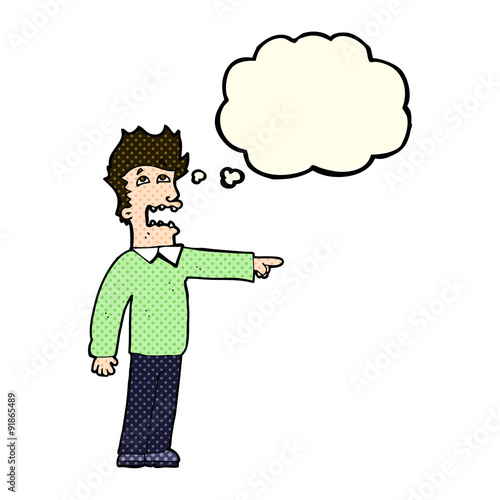 cartoon man accusing with thought bubble