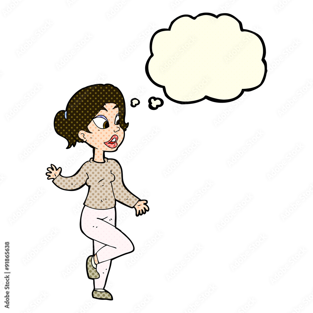 cartoon friendly woman waving with thought bubble cartoon friendly woman waving with thought bubble