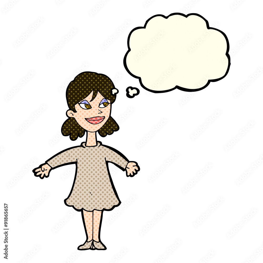 cartoon woman with open arms with thought bubble cartoon woman with open arms with thought bubble