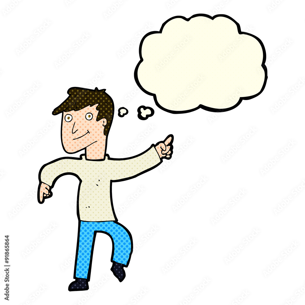 cartoon happy man pointing with thought bubble cartoon happy man pointing with thought bubble