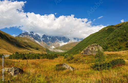 Summer landscape with river and mountain snow. 