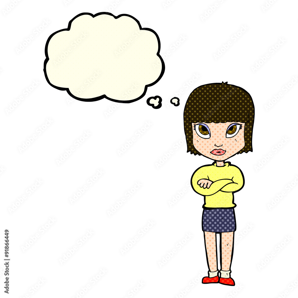 cartoon woman with crossed arms with thought bubble cartoon woman with crossed arms with thought bubble