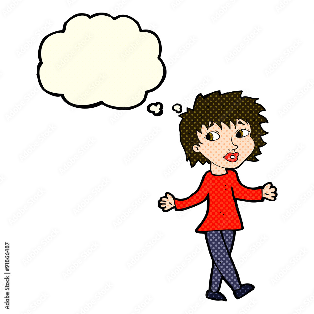cartoon woman with no worries with thought bubble cartoon woman with no worries with thought bubble