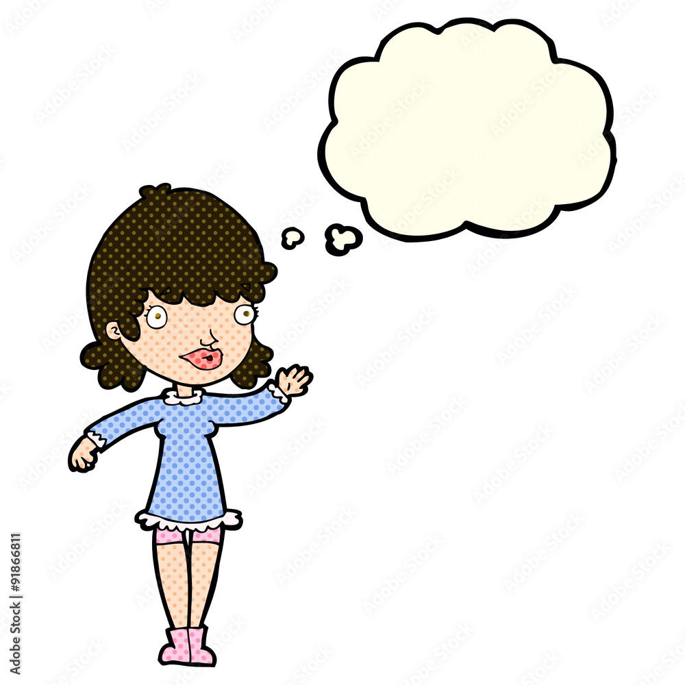 cartoon woman waving with thought bubble cartoon woman waving with thought bubble