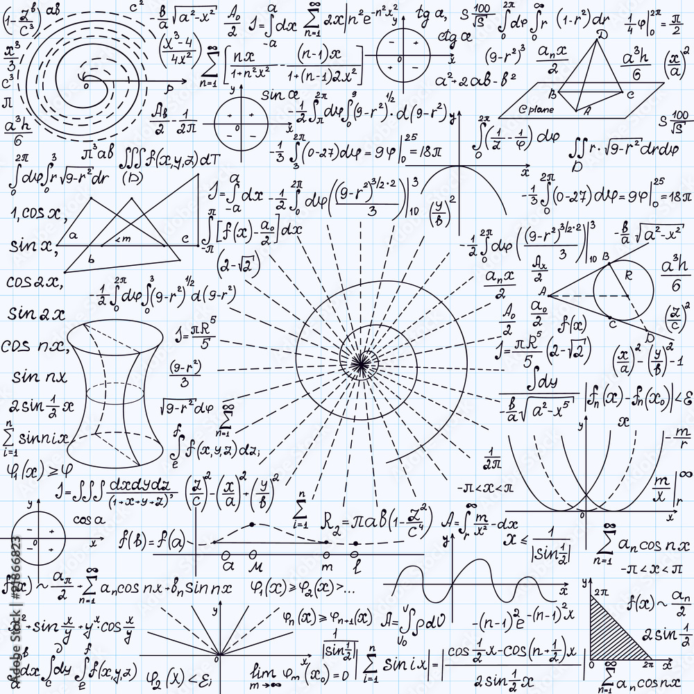 Math vector seamless texture with plots, calculations, geometrical figures and different formulas, Math vector seamless texture with plots, calculations, geometrical figures and different formulas,