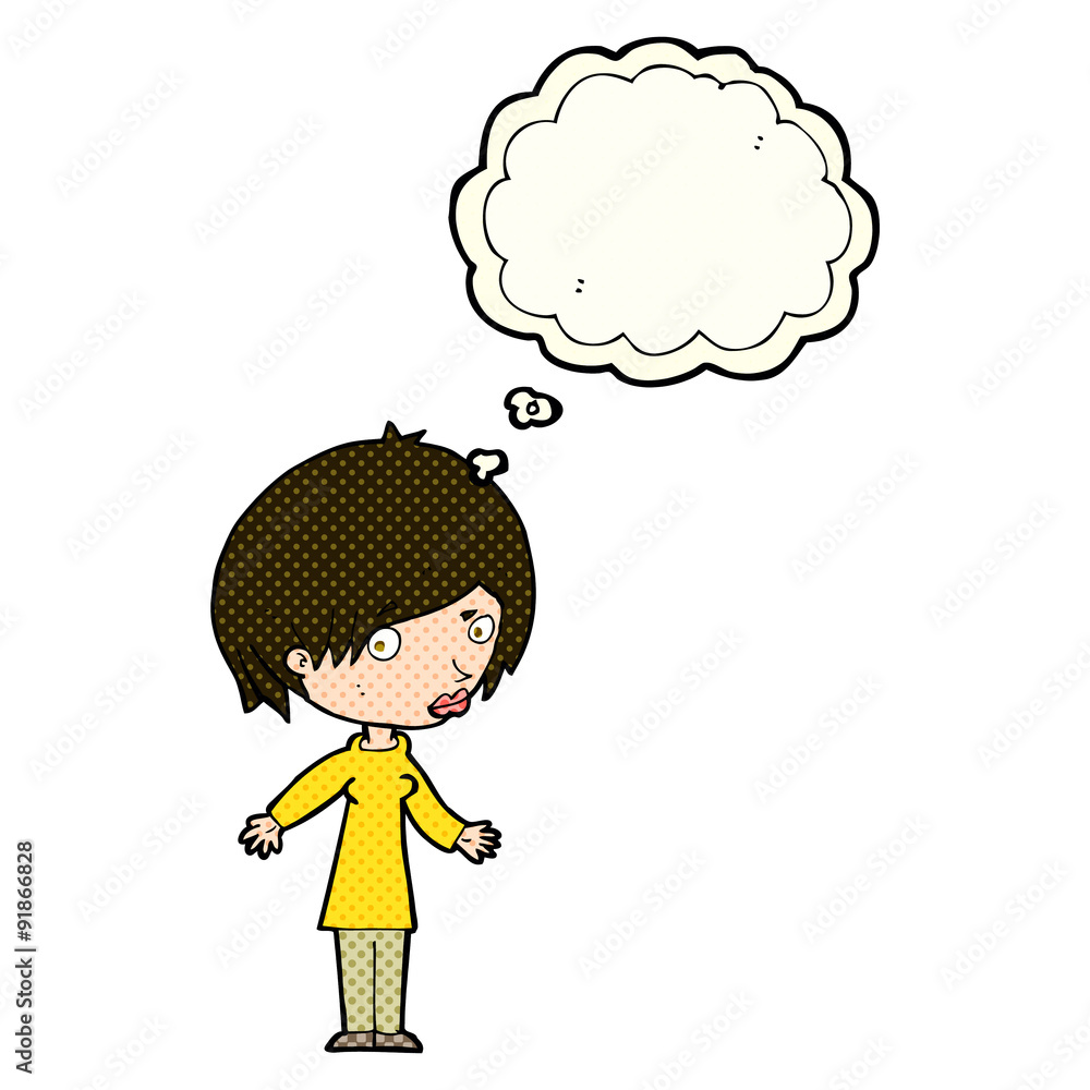 cartoon woman shrugging shoulders with thought bubble cartoon woman shrugging shoulders with thought bubble