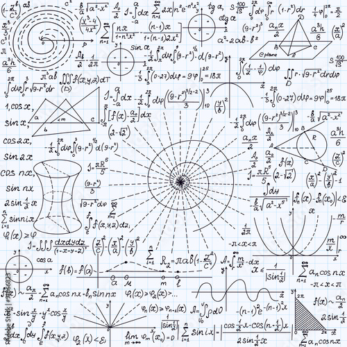 Math vector seamless texture with plots, calculations, geometrical figures and different formulas, "handwritten on a copybook grid paper"