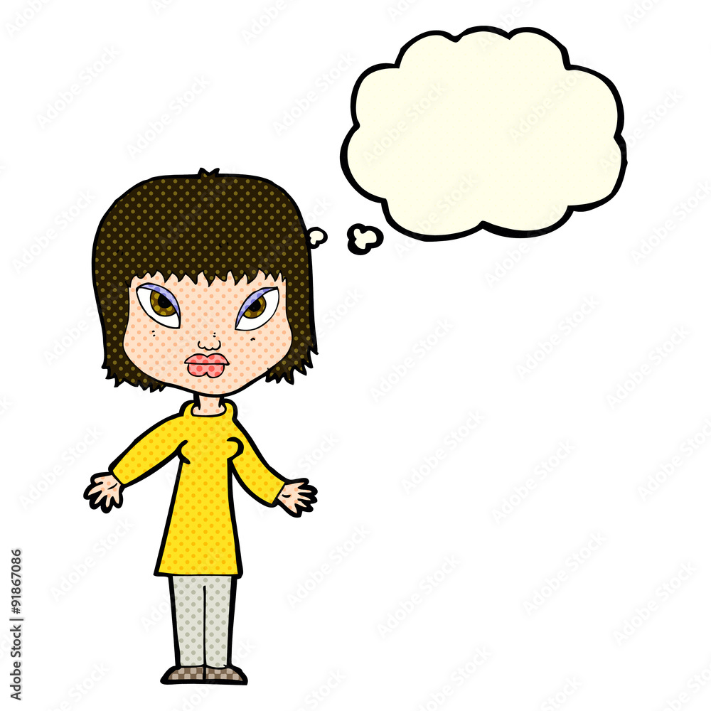 cartoon woman with open arms with thought bubble cartoon woman with open arms with thought bubble