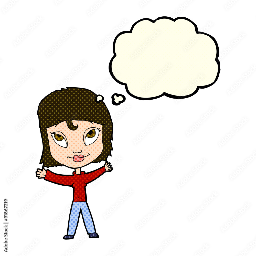 cartoon happy woman waving arms with thought bubble cartoon happy woman waving arms with thought bubble