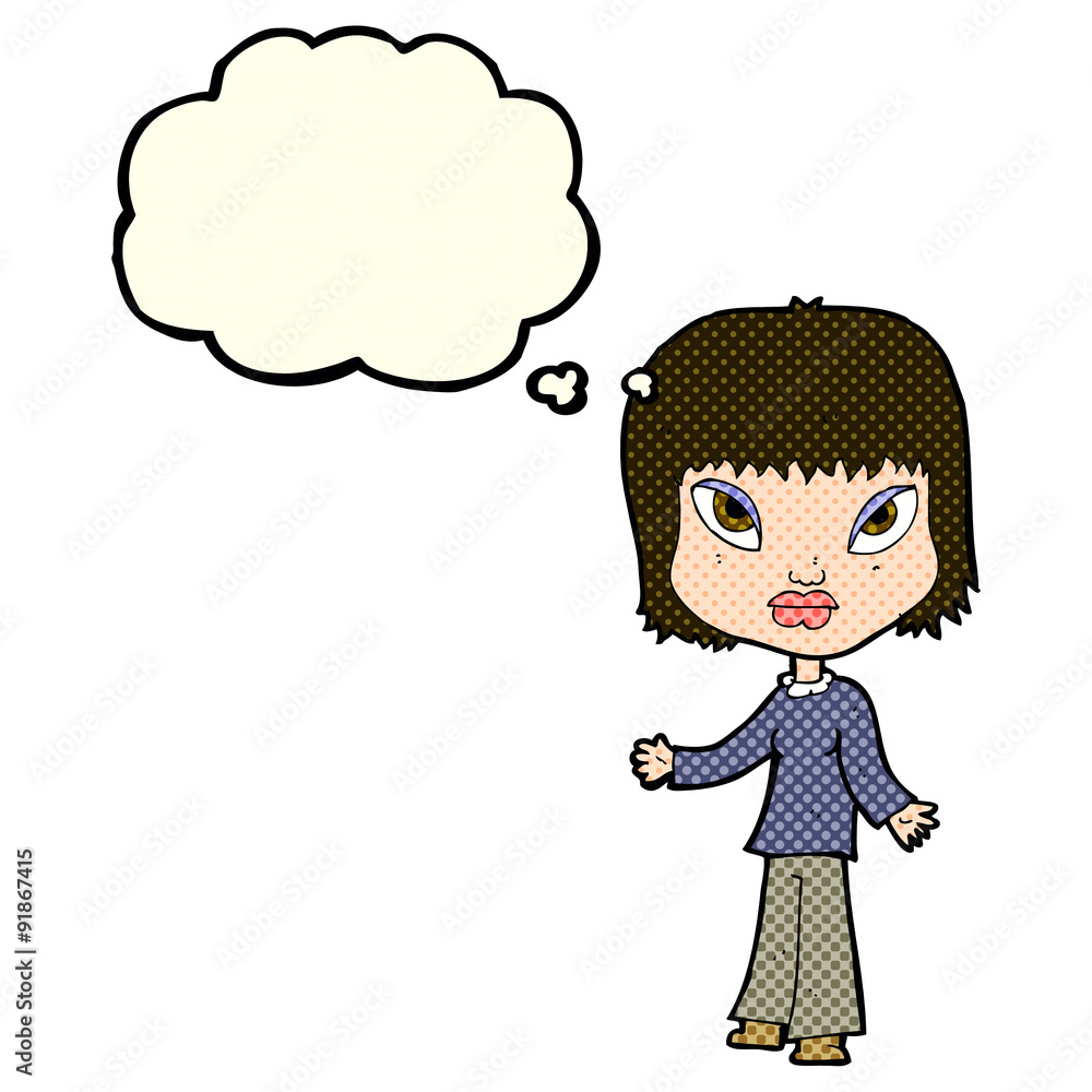 cartoon woman with open arms with thought bubble cartoon woman with open arms with thought bubble