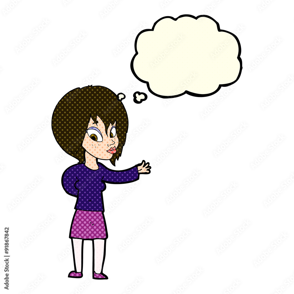 cartoon woman making welcome gesture with thought bubble cartoon woman making welcome gesture with thought bubble