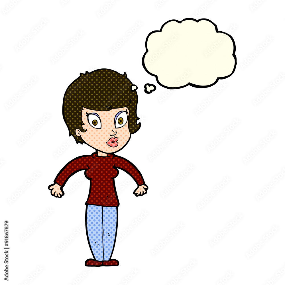 cartoon woman shrugging shoulders with thought bubble cartoon woman shrugging shoulders with thought bubble