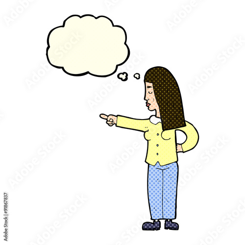 cartoon woman pointing with thought bubble