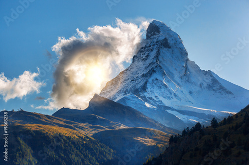 Matterhorn against sunset in Swiss Alps