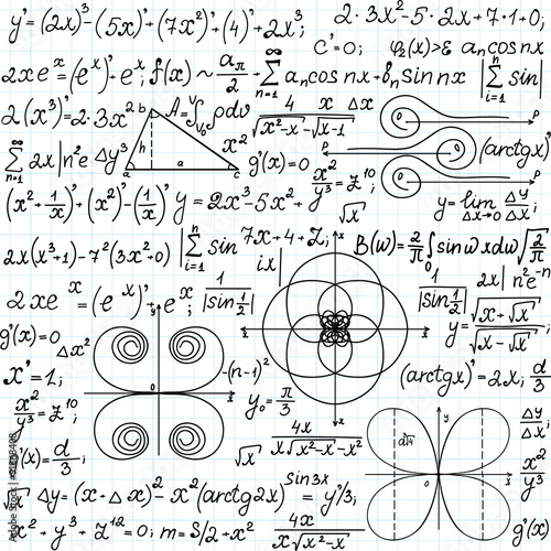 Принти на полотні Mathematical vector seamless pattern with geometrical figures, plots and equations, handwritten on the grid copybook paper