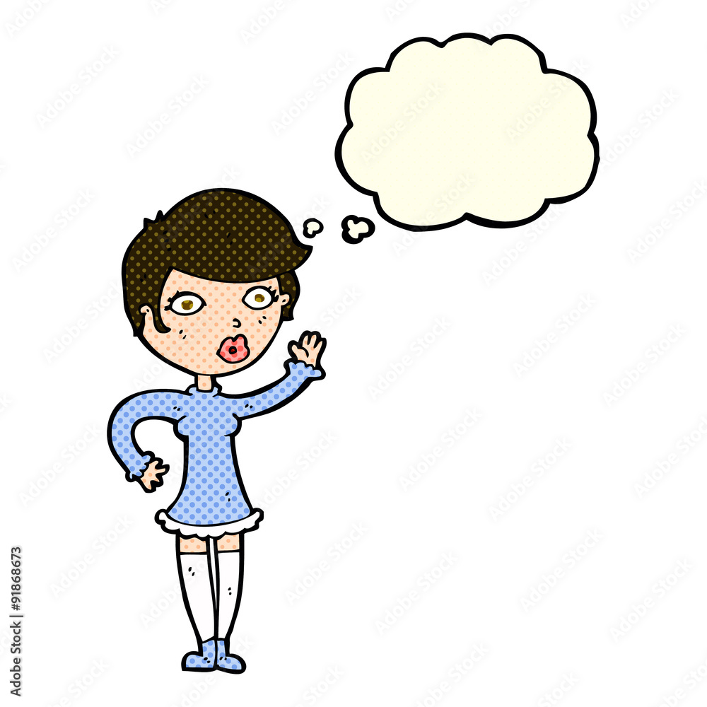 cartoon pretty woman waving with thought bubble cartoon pretty woman waving with thought bubble