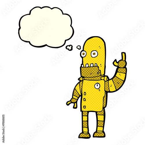 cartoon waving gold robot with thought bubble