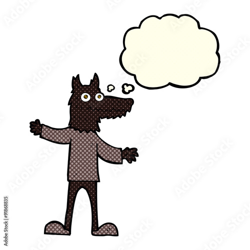 cartoon wolf man with thought bubble